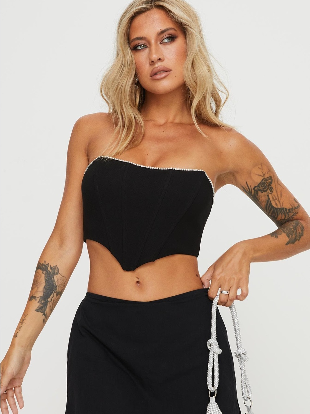 Princess Polly Black Strapless Corset Crop Top with Rhinestone Edge